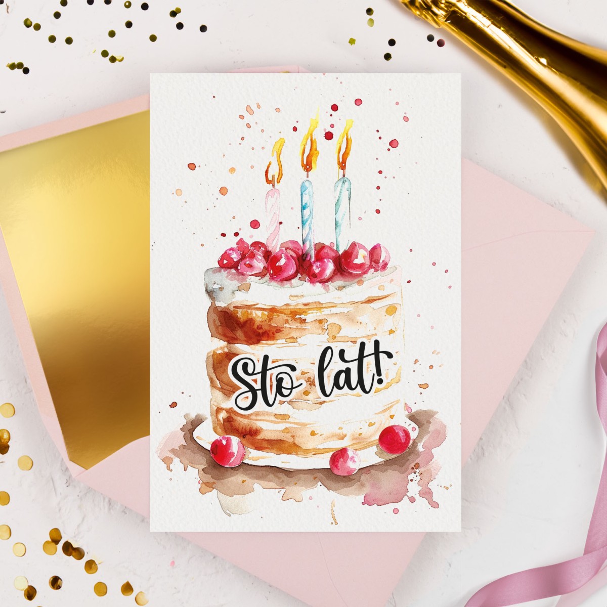 Personalizowana Kartka na urodziny z pastelową grafiką tortu - Birthday Cake